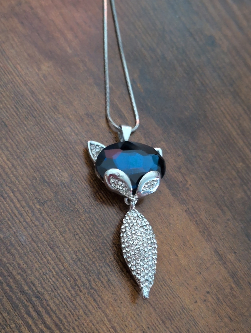 Silver Fox Pendant Necklace with Blue Crystal and Pavé Accents